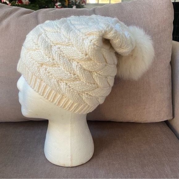 UGG White Knit Beanie Hat with Faux Fur Pom Pom main image 2